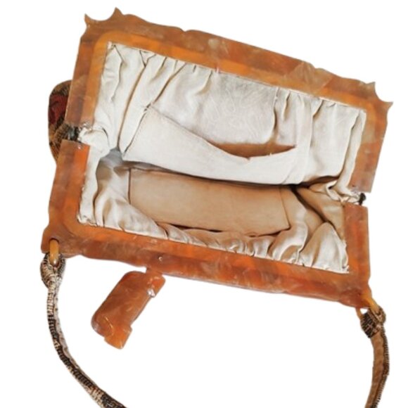 1930s Vintage Floral Tapestry Fabric Tote Style Handbag With Early Plastic Frame - Picture 4 of 8